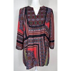 Figueroa & Flower Split V Neck Paisley Pattern Boho Pullover Blouse Size Large